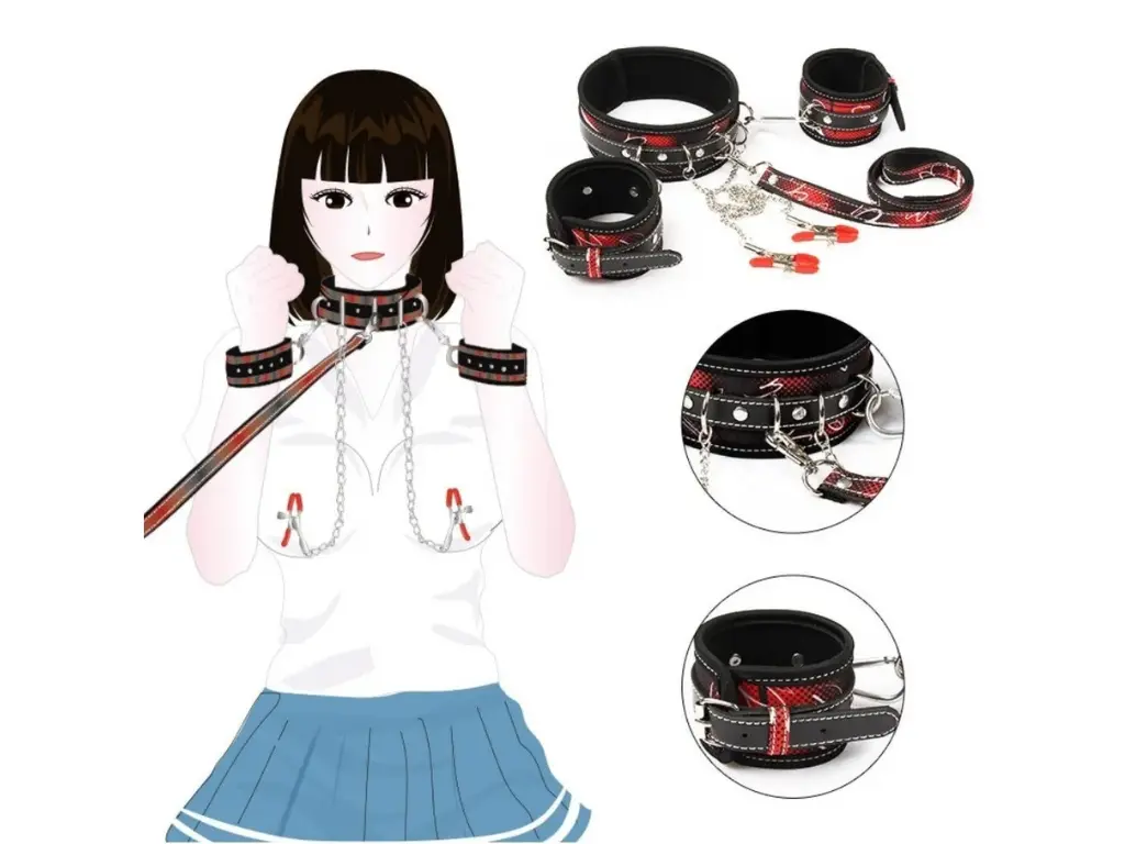[AS-RJ-001] Set BDSM Collar Con Correa Esposas y Pinzas