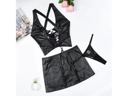 [Z3539L] Top y Pollera simil cuero con Aberturas